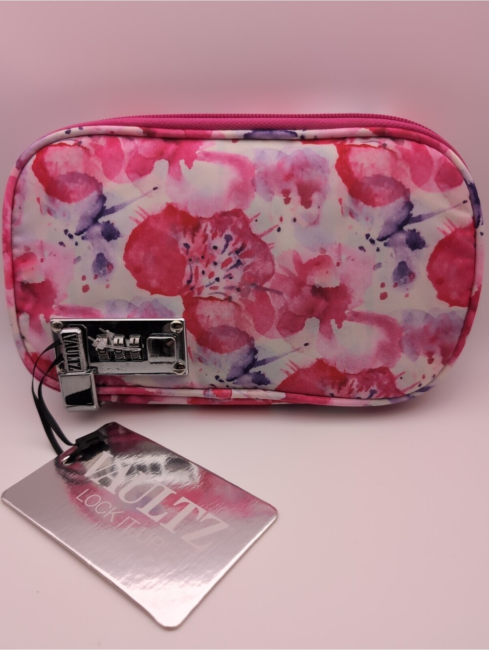 Vaultz Locking Cosmetic Bag /Makeup Pink & Purple Floral Print - New